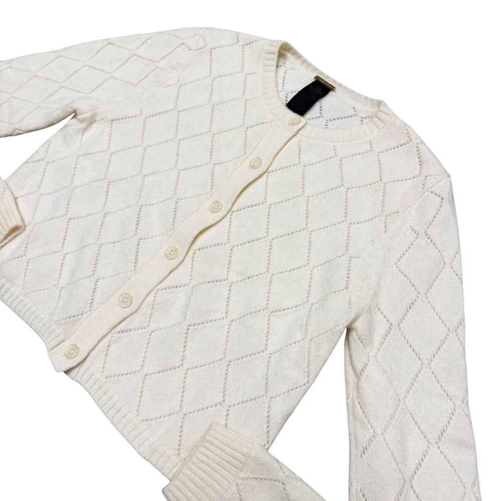 Magaschoni 100% Cashmere Cardigan Sweater S Cream Ivory Diamond Knit Quite Lux